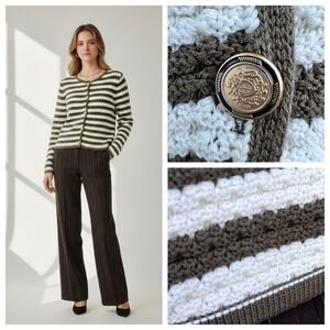 Mango Striped Knit Cardigan Women XL Green Chunky Nautical Preppy Old Money